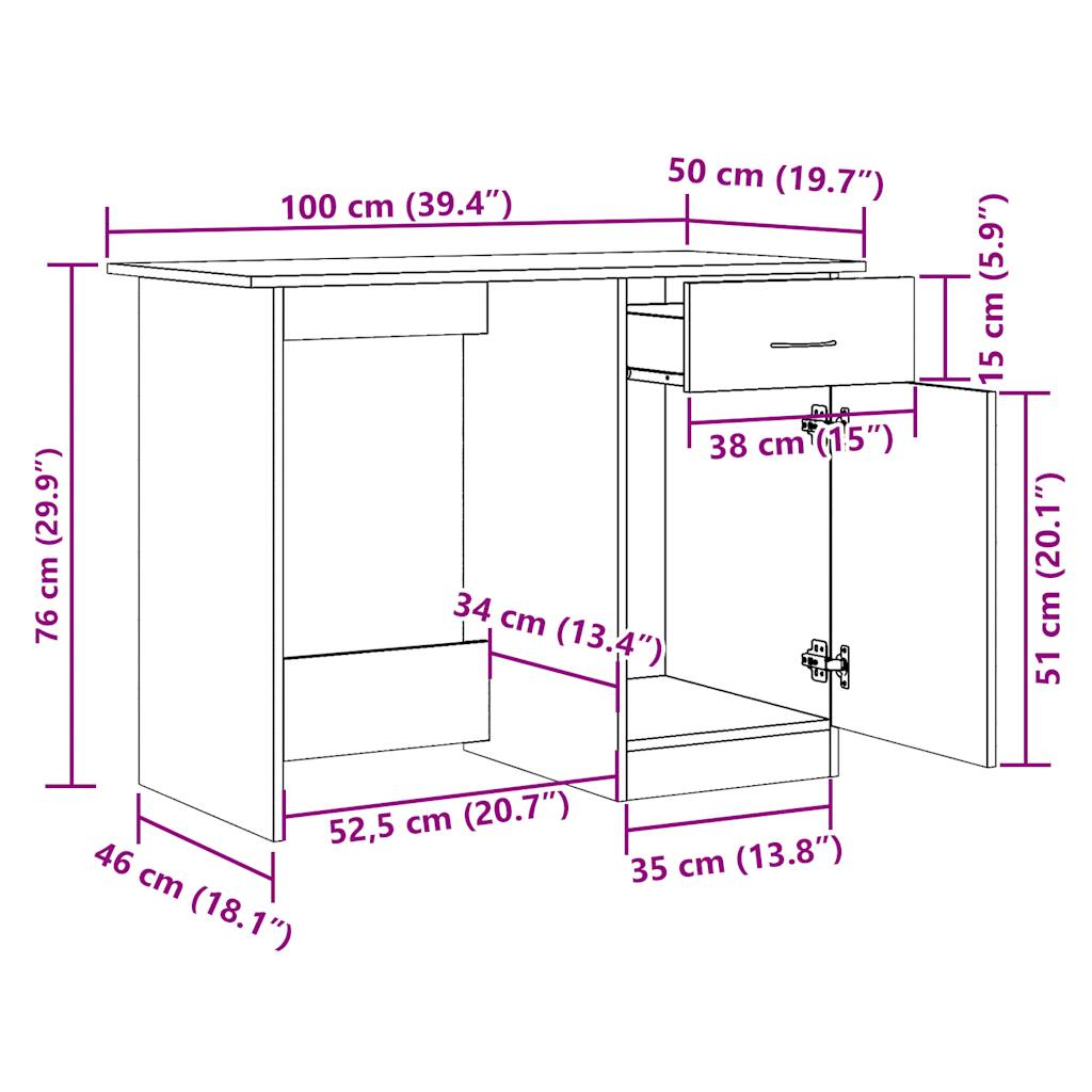 Birou, stejar artizanal, 100x50x76 cm, lemn prelucrat