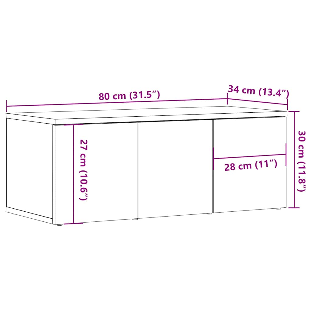 Dulap TV, stejar artizanal, 80x34x30 cm, lemn prelucrat