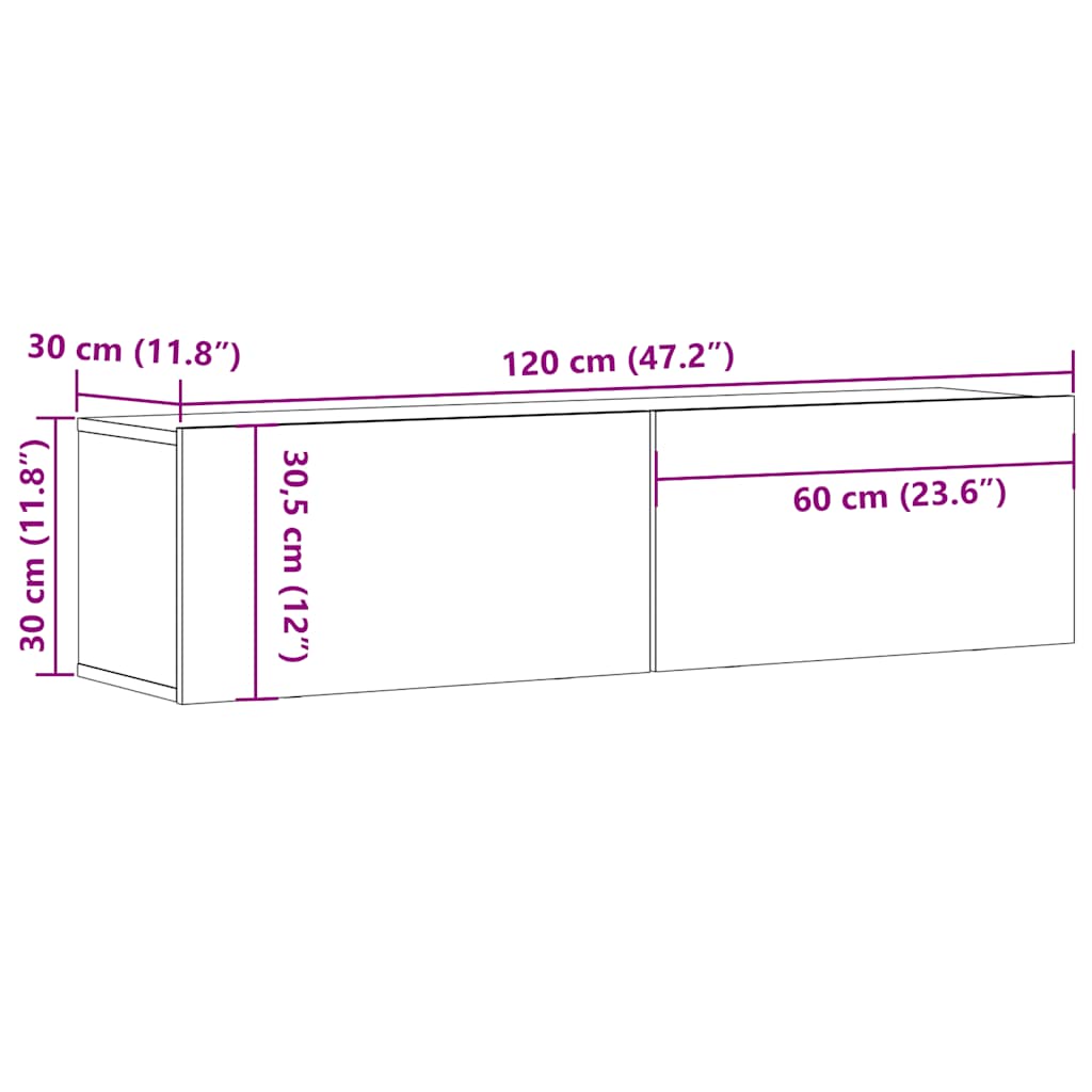 Dulap TV perete, stejar artizanal, 120x30x30 cm, lemn prelucrat