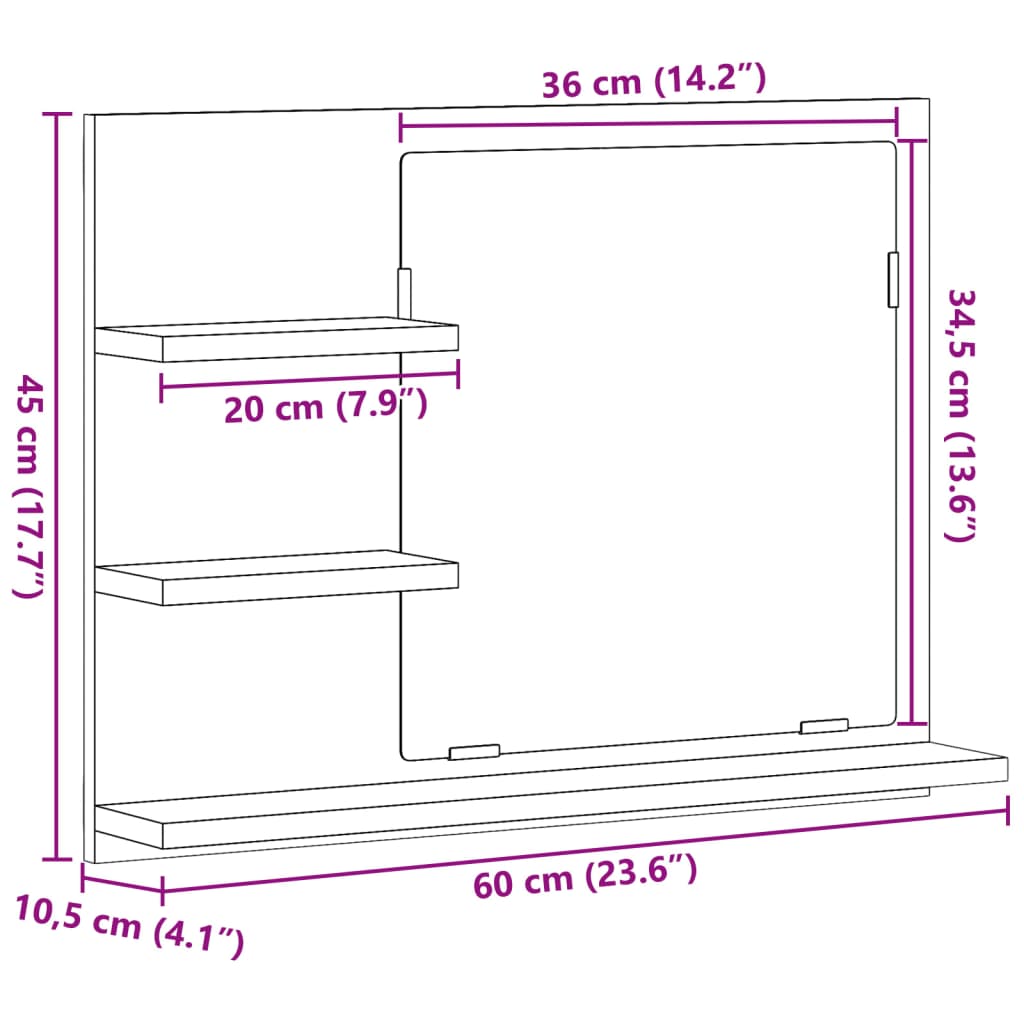 Dulap cu oglindă de baie, gri beton, 60x10,5x45 cm