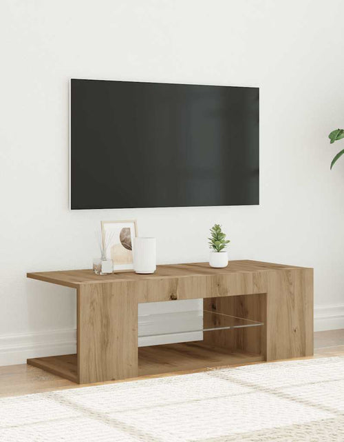 Загрузите изображение в средство просмотра галереи, Dulap TV cu LED stejar artizanal 90x39x30 cm lemn prelucrat
