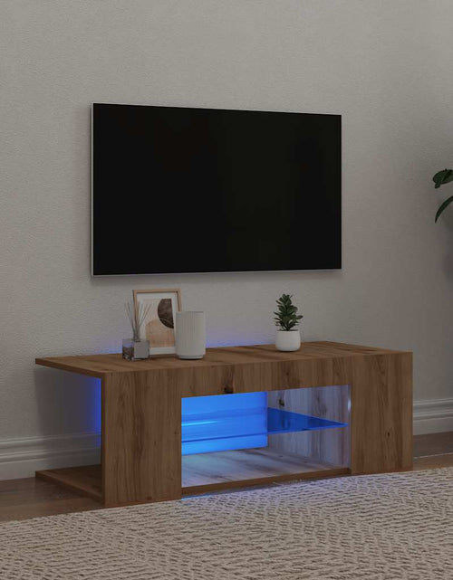 Загрузите изображение в средство просмотра галереи, Dulap TV cu LED stejar artizanal 90x39x30 cm lemn prelucrat
