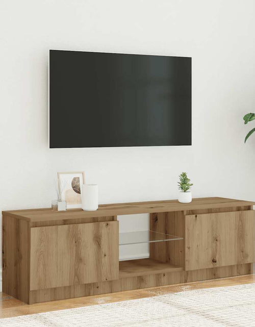 Загрузите изображение в средство просмотра галереи, Dulap TV cu LED stejar artizanal 120x30x36cm lemn prelucrat
