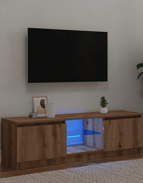 Загрузите изображение в средство просмотра галереи, Dulap TV cu LED stejar artizanal 120x30x36cm lemn prelucrat
