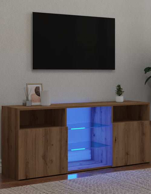 Загрузите изображение в средство просмотра галереи, Dulap TV cu LED stejar artizanal 120x30x50 cm lemn prelucrat
