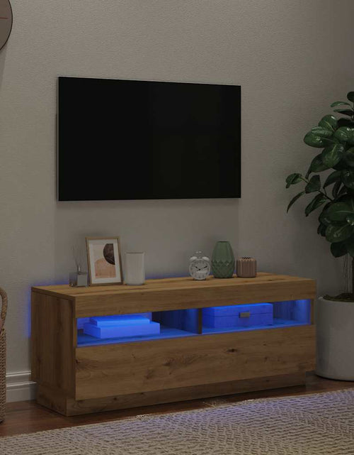 Загрузите изображение в средство просмотра галереи, Dulap TV lumini LED stejar artizanal 100x35x40cm lemn prelucrat
