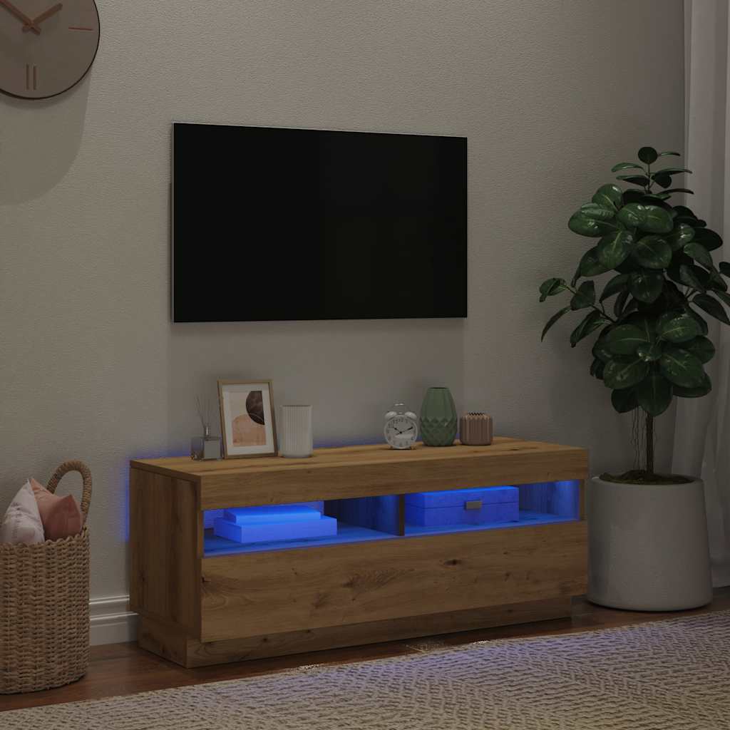 Dulap TV lumini LED stejar artizanal 100x35x40cm lemn prelucrat