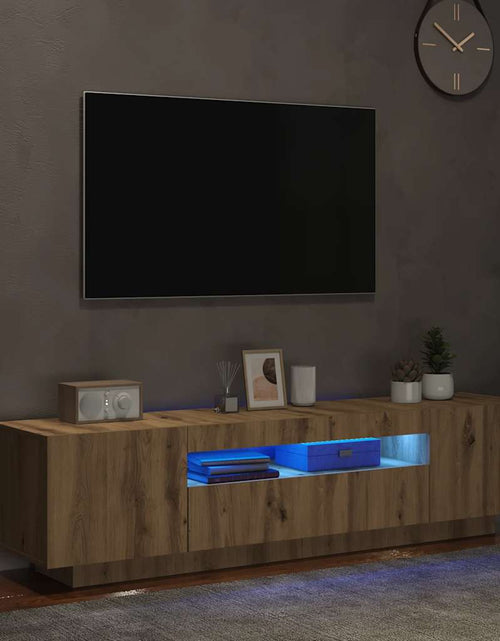 Загрузите изображение в средство просмотра галереи, Dulap TV cu LED stejar artizanal 160x35x40 cm lemn prelucrat
