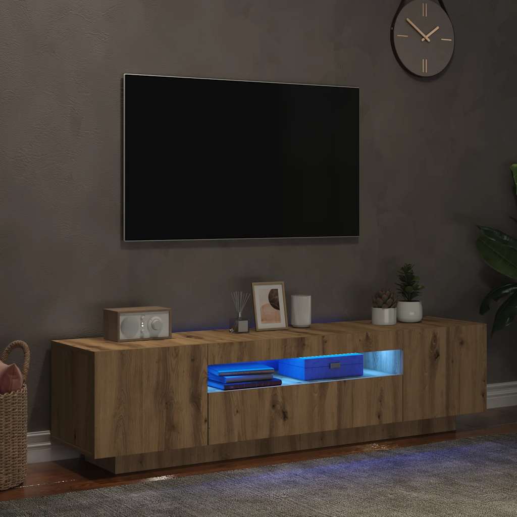 Dulap TV cu LED stejar artizanal 160x35x40 cm lemn prelucrat