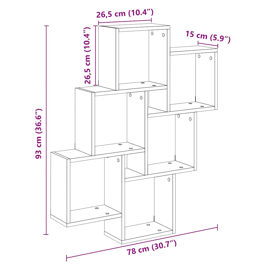 Raft perete cub, stejar artizanal, 78x15x93 cm, lemn prelucrat