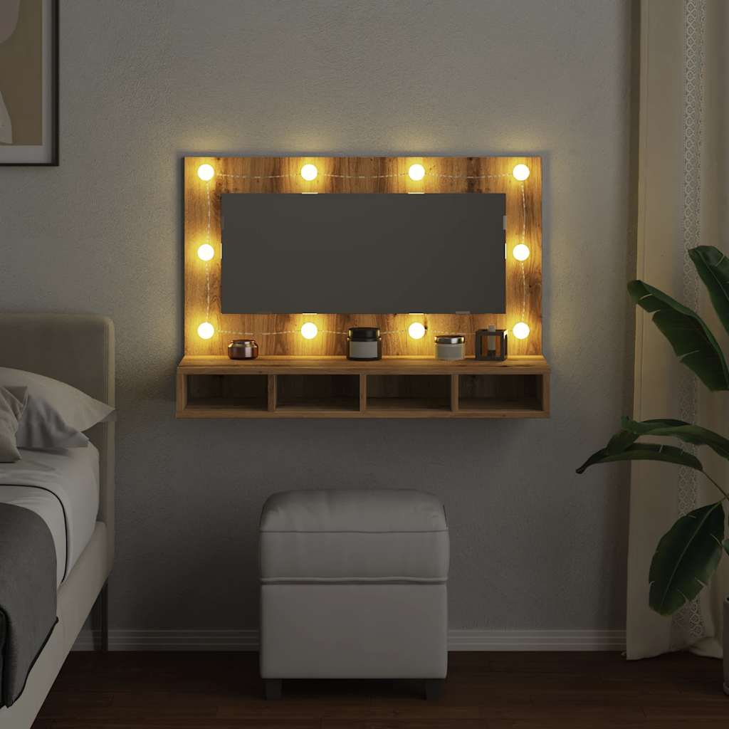 Dulap cu oglindă și LED, Artisan Stejar, 90x31,5x62 cm