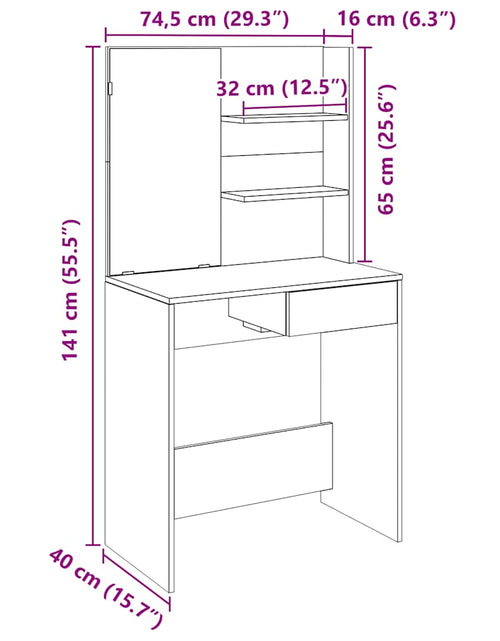 Încărcați imaginea în vizualizatorul Galerie, Masă de toaletă cu oglindă, stejar artizanal, 74,5x40x141 cm
