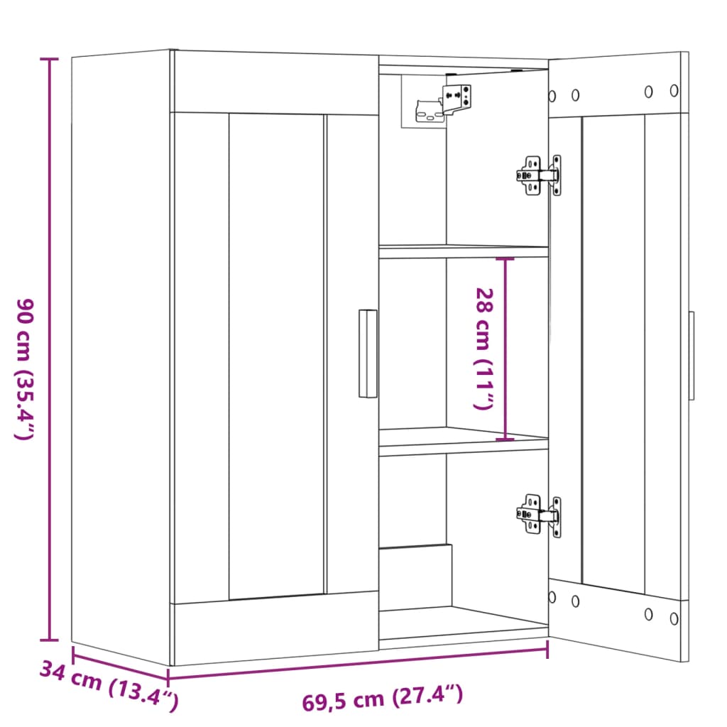 Dulap de perete suspendat, stejar artizanal, 69,5x34x90 cm