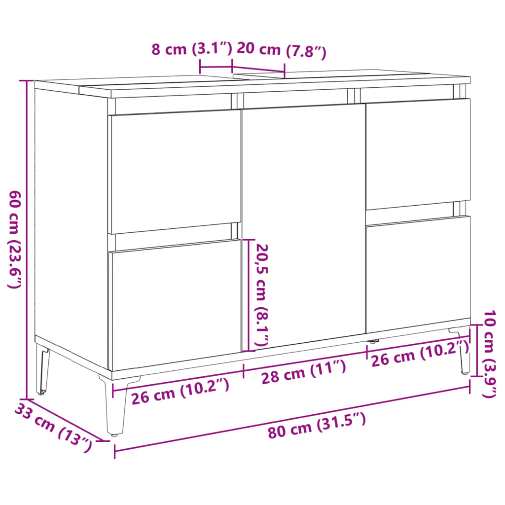 Dulap de chiuvetă, gri beton, 80x33x60 cm, lemn prelucrat