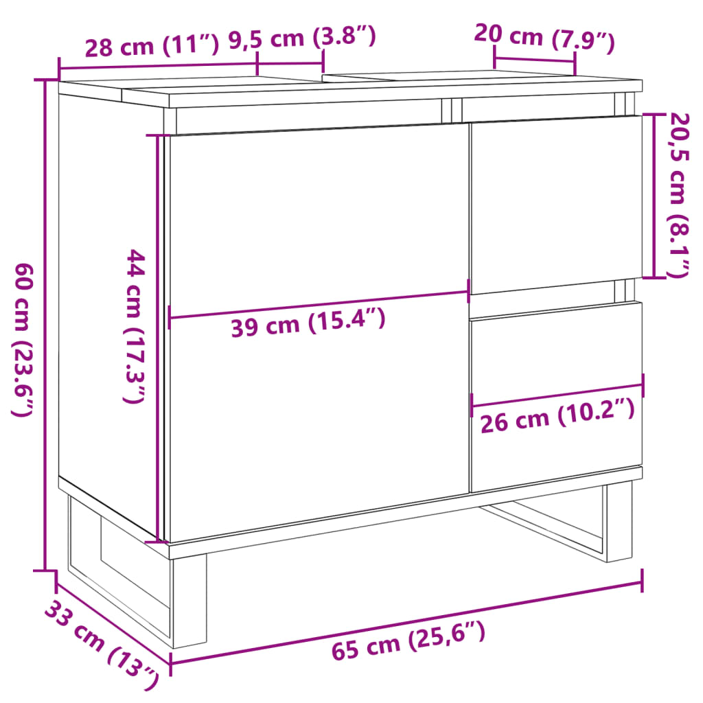 Dulap chiuvetă baie, stejar artizanal 65x33x60cm lemn prelucrat