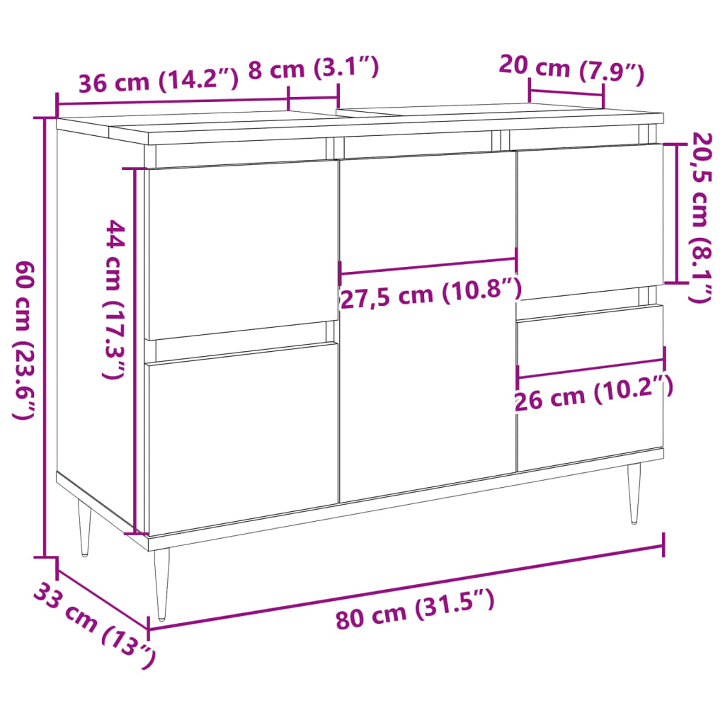 Dulap pentru baie, gri beton, 80x33x60 cm, lemn compozit