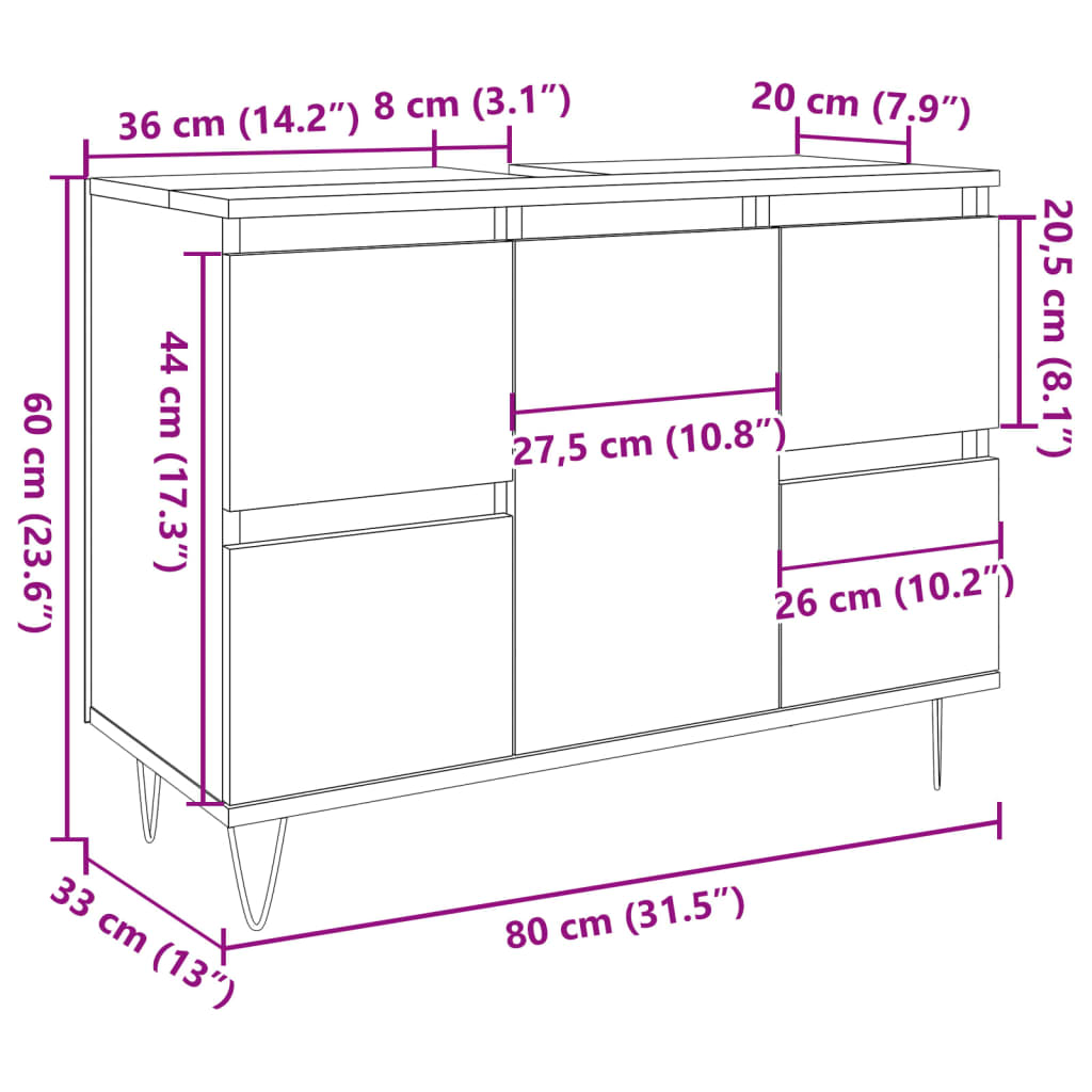 Dulap pentru baie stejar artizanal, 80x33x60 cm, lemn prelucrat