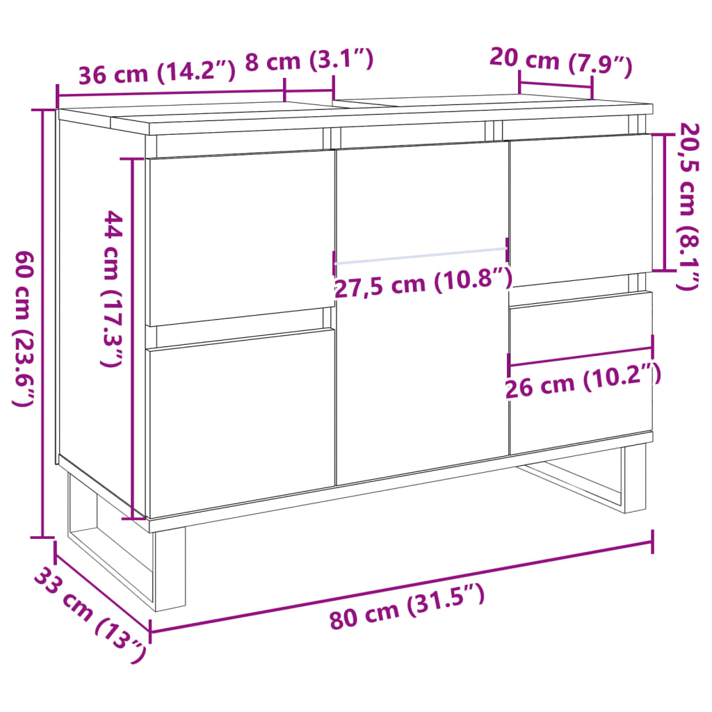 Dulap chiuvetă baie, gri beton, 80x33x60 cm, lemn compozit