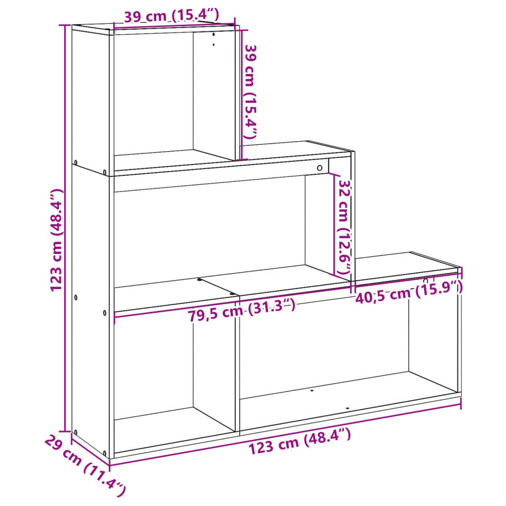 Bibliotecă/separator 3 nivel stejar fumuriu 123x29x123 cm lemn