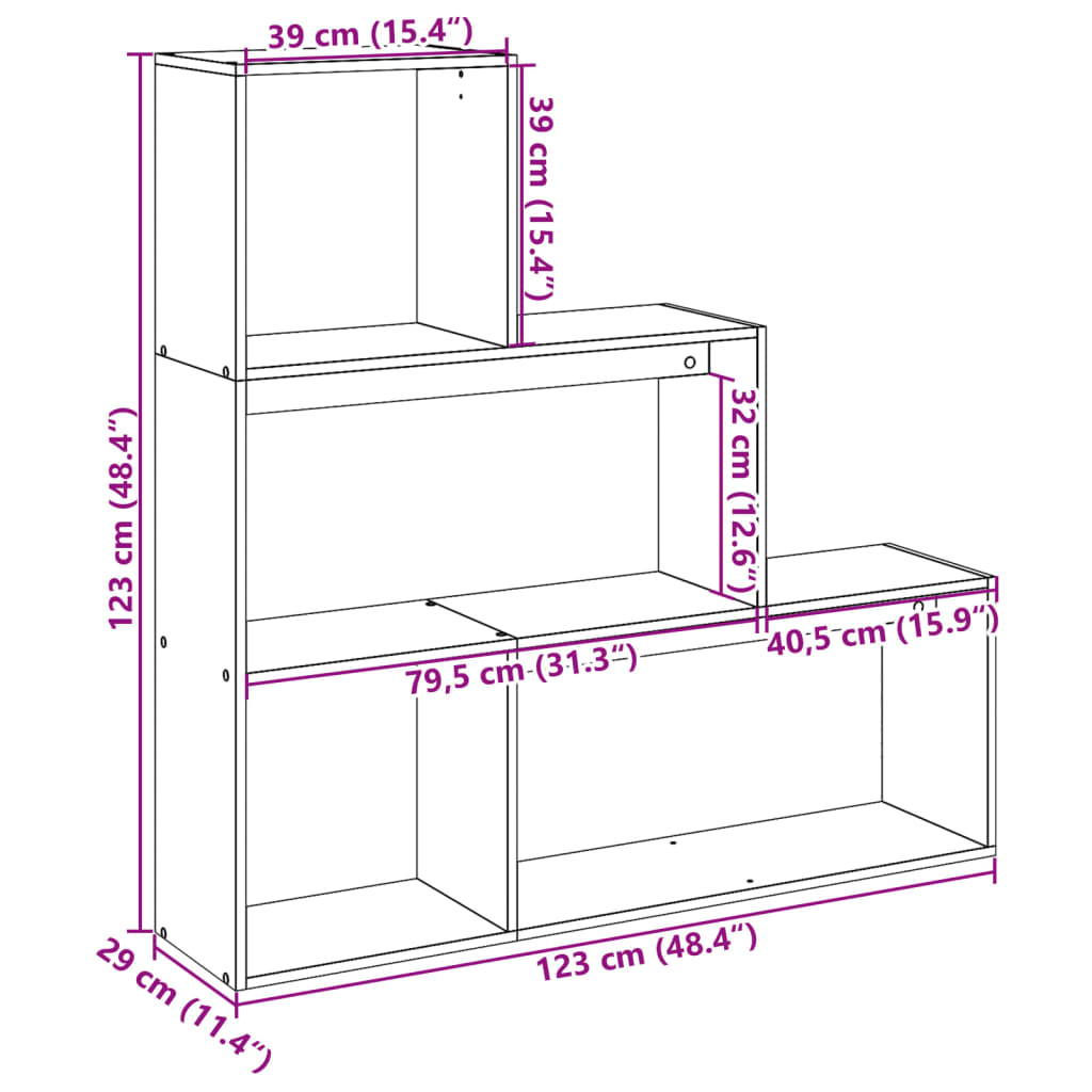 Bibliotecă/separator 3 niveluri gri sonoma 123x29x123 cm lemn