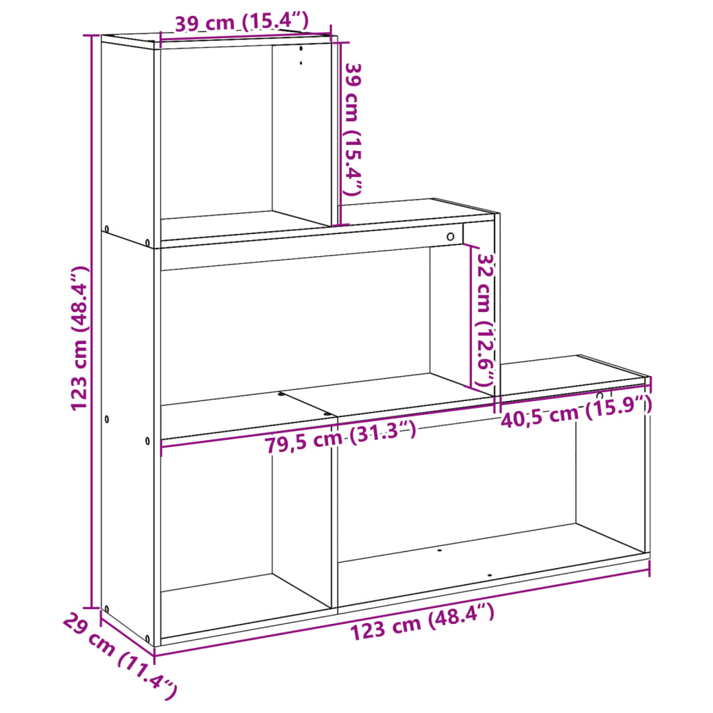 Bibliotecă/separator 3 niveluri lemn vechi 123x29x123 cm lemn