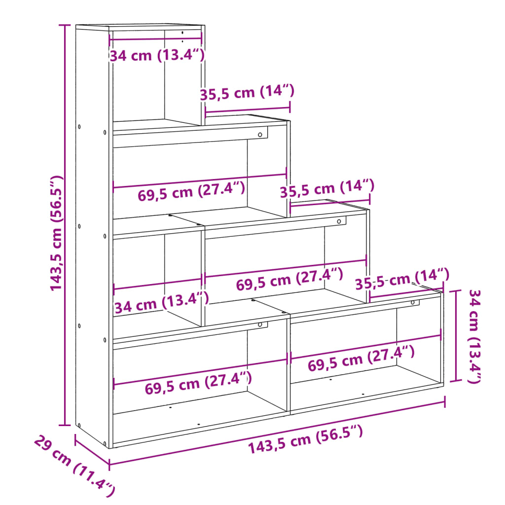 Bibliotecă/separator 4 niveluri, alb, 143,5x29x143,5 cm lemn