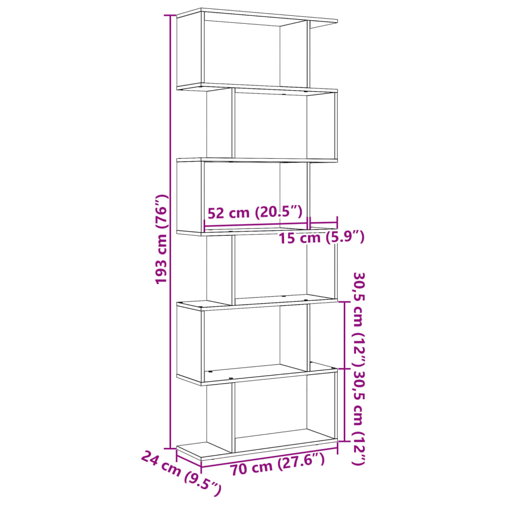 Bibliotecă/separator 6 niveluri stejar sonoma 70x24x193 cm lemn