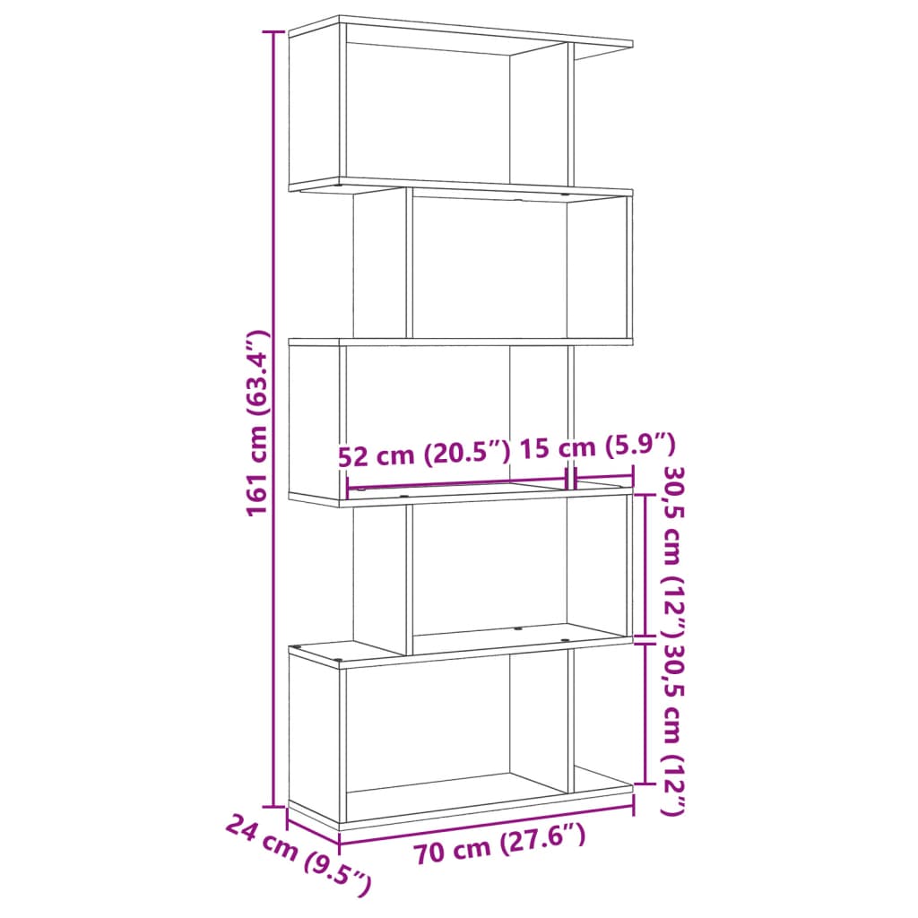 Bibliotecă/separator cameră 5 niveluri, alb, 70x24x161 cm, lemn