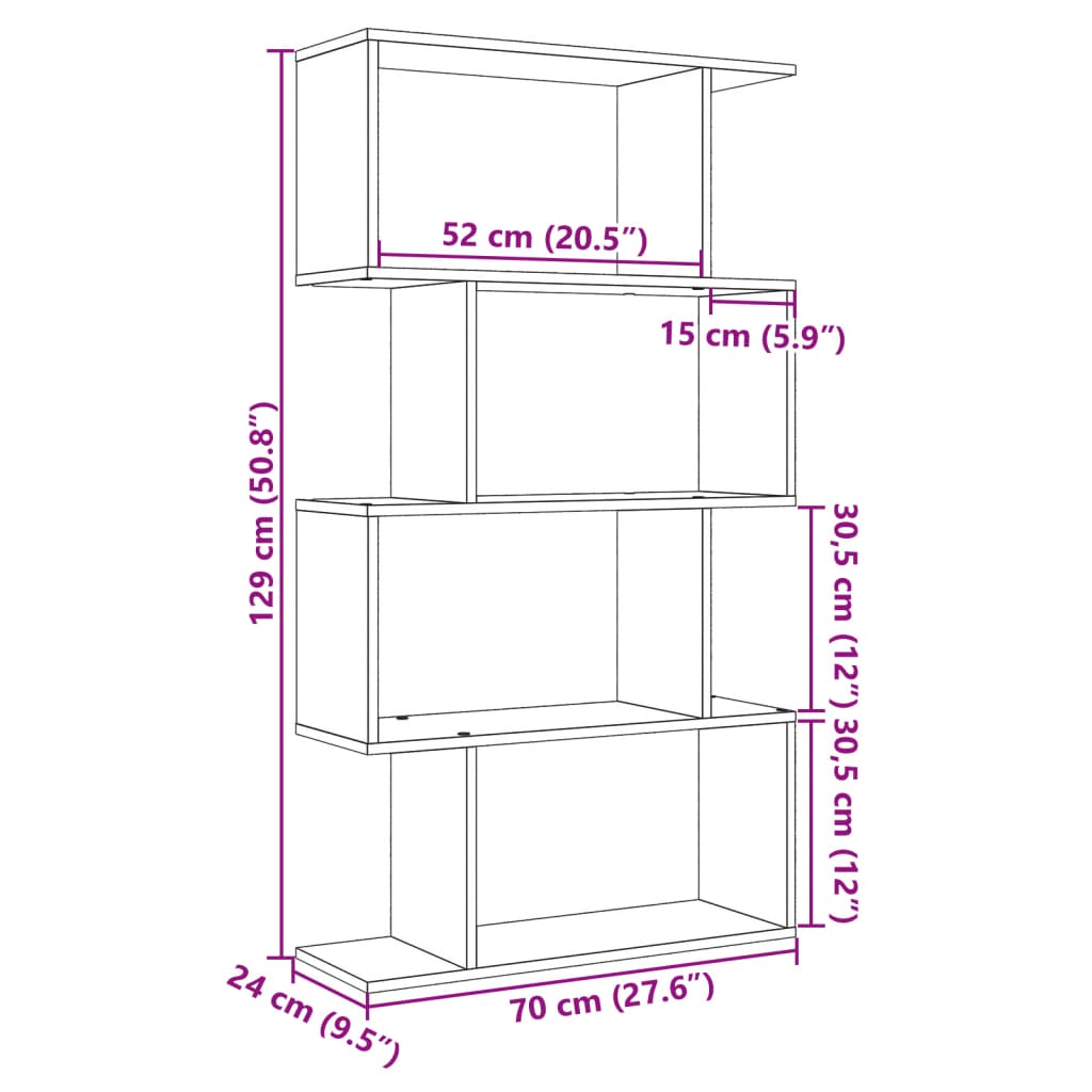 Bibliotecă/separator 4 niveluri stejar fumuriu 70x24x129cm lemn