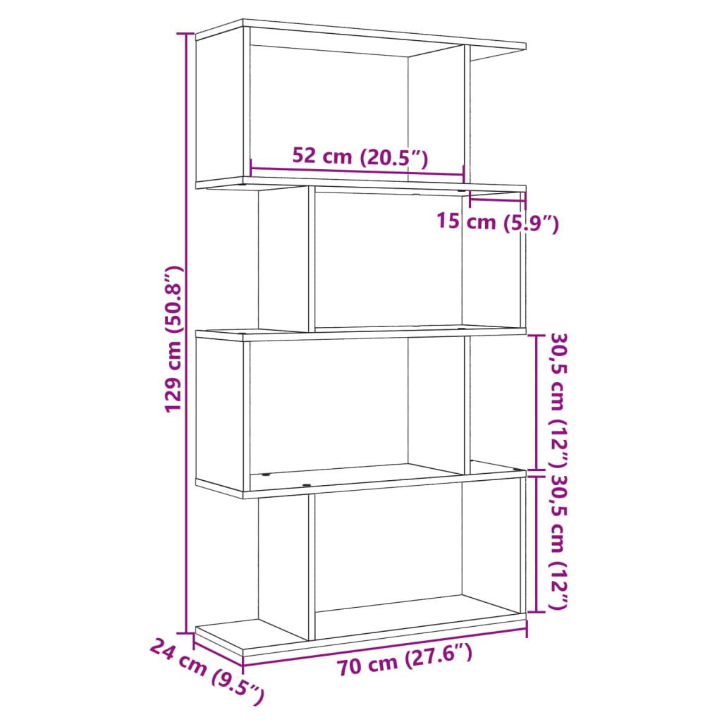 Bibliotecă/separator 4 nivel stejar artizanal 70x24x129 cm lemn