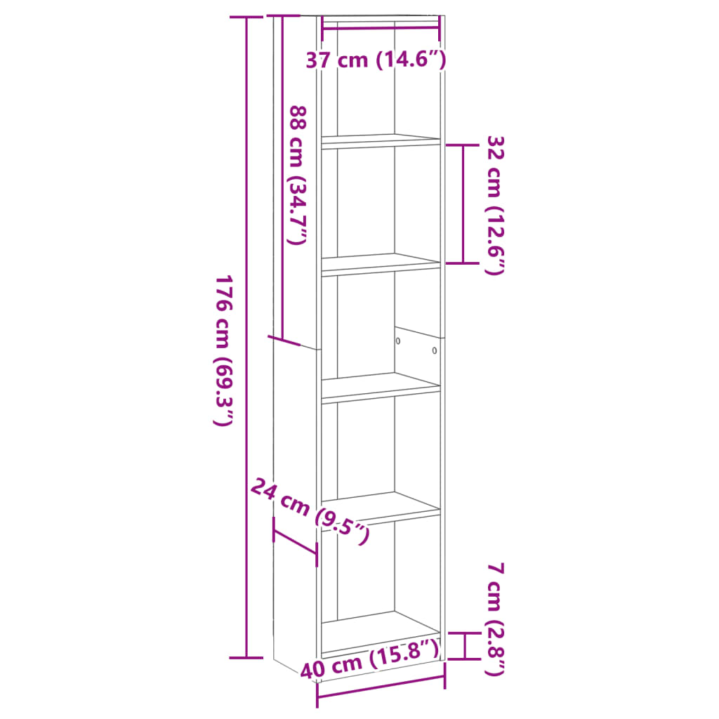 Bibliotecă, alb, 40x24x176 cm, lemn prelucrat