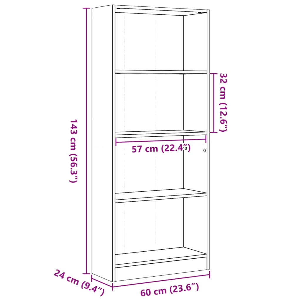 Bibliotecă, gri beton, 60x24x143 cm, lemn prelucrat