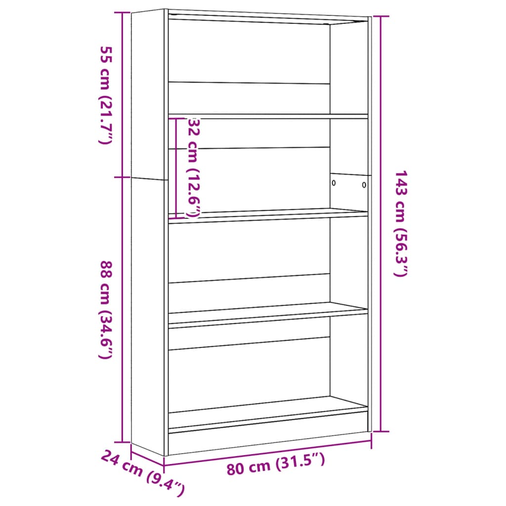 Bibliotecă, stejar fumuriu, 80x24x143 cm, lemn prelucrat