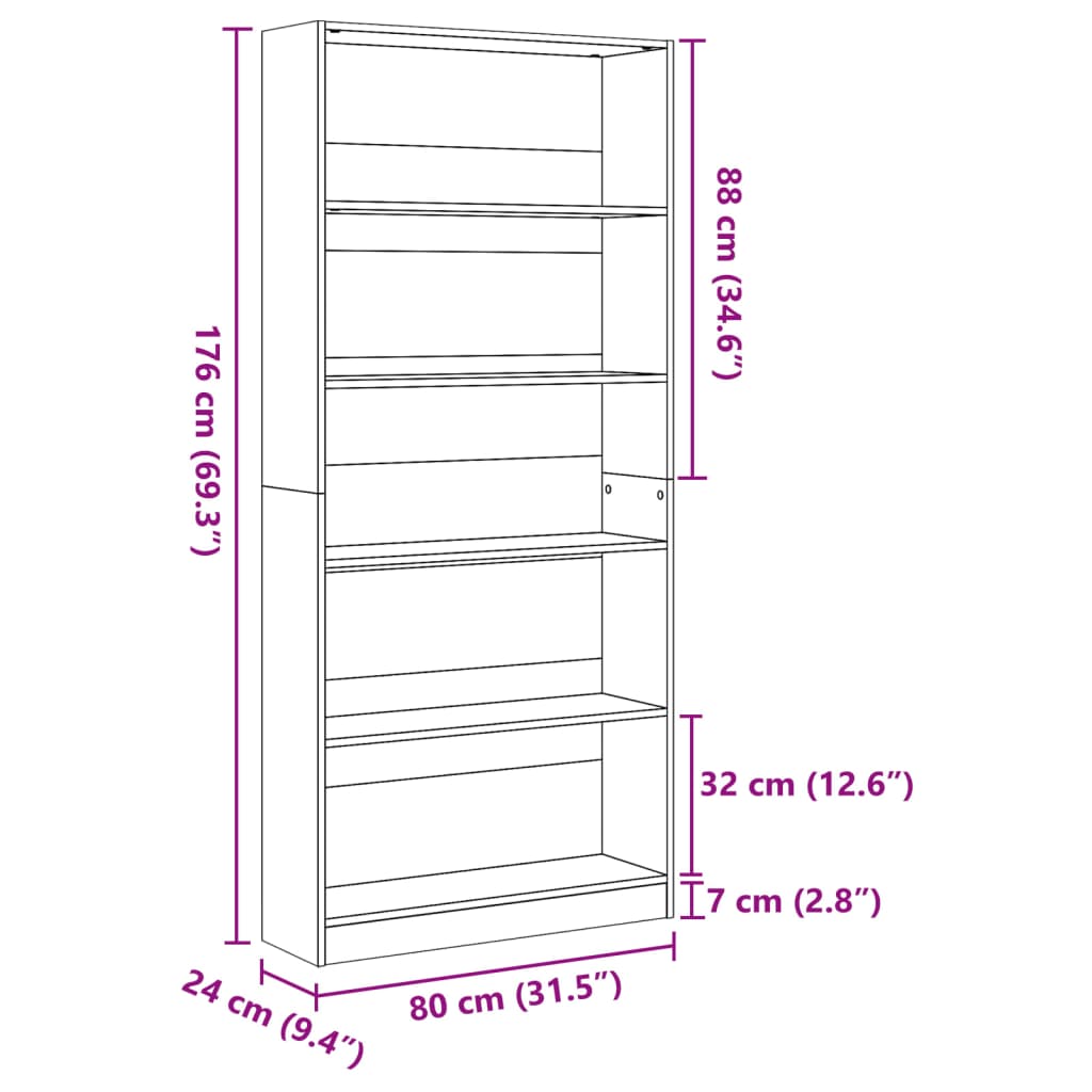 Bibliotecă, negru, 80x24x176 cm, lemn prelucrat