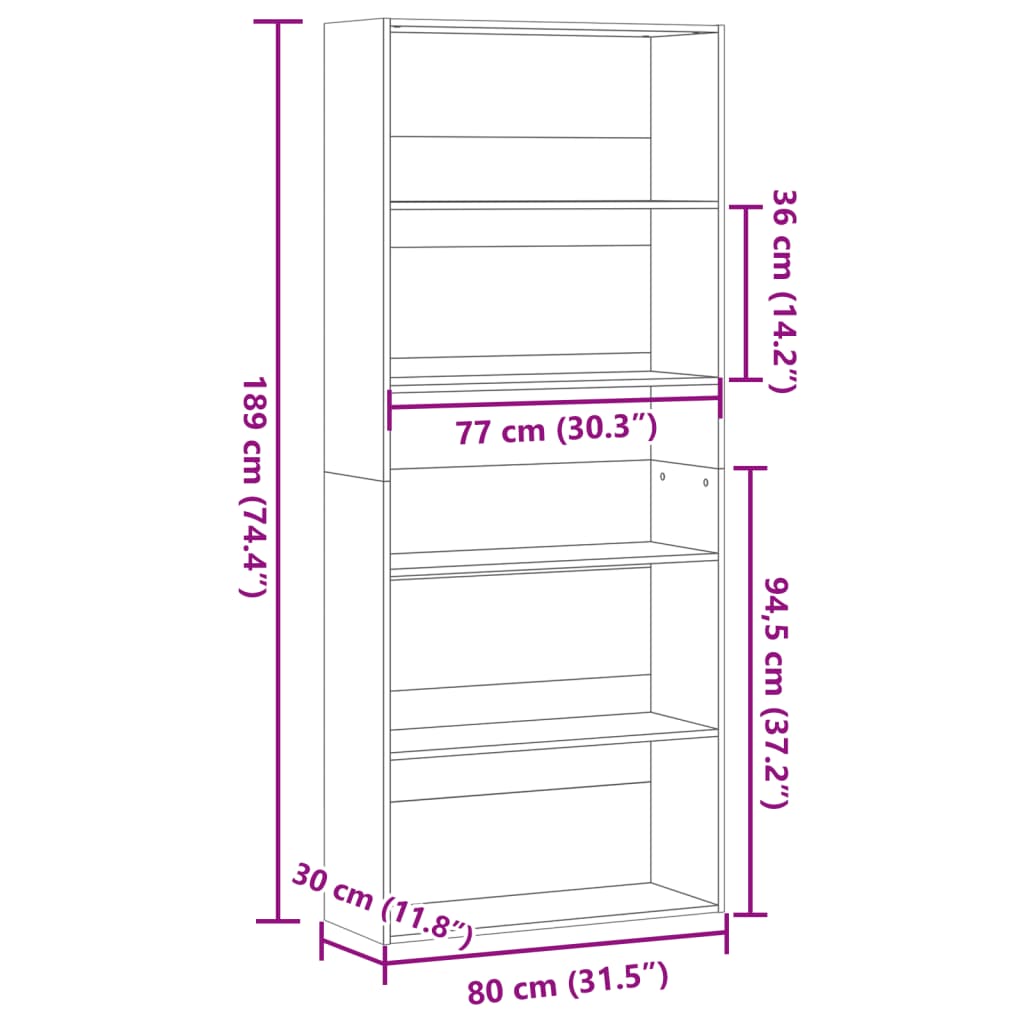 Bibliotecă, alb, 80x30x189 cm, lemn prelucrat