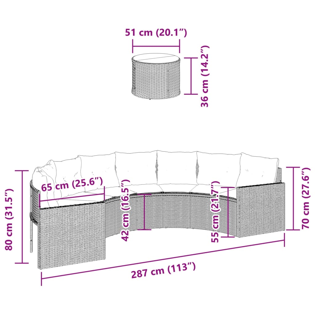 Canapea de grădină cu masă/perne, semi-rotundă, negru poliratan