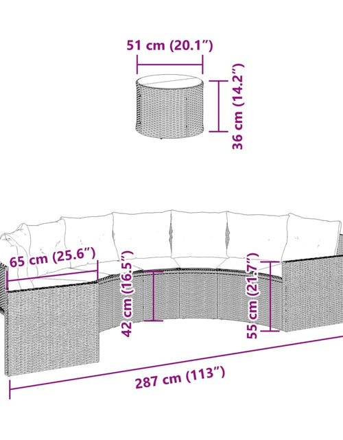 Încărcați imaginea în vizualizatorul Galerie, Canapea de grădină cu masă/perne, semi-rotundă, bej, poliratan
