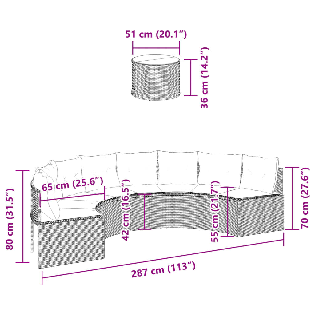 Canapea de grădină cu perne, semi-rotundă, gri, poliratan