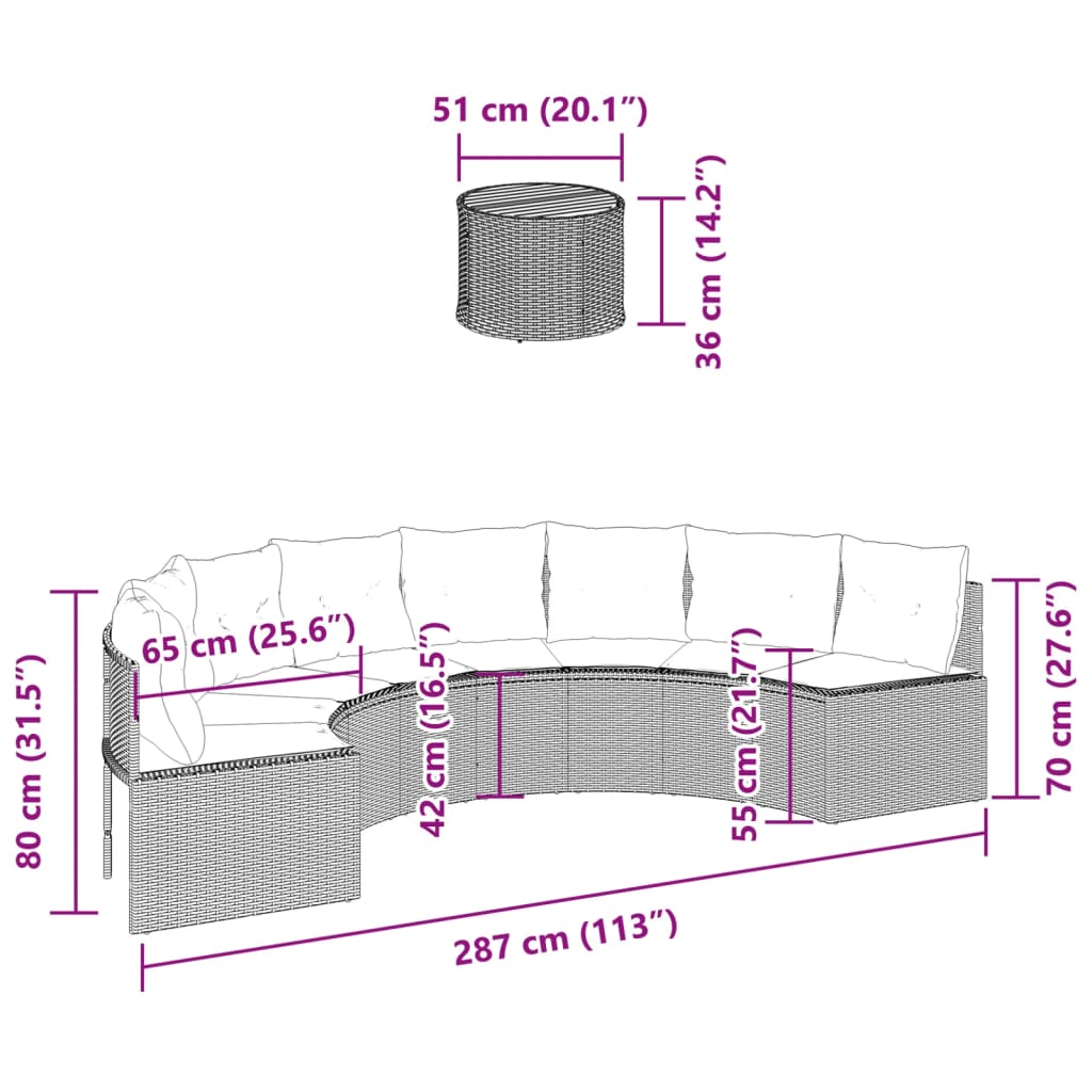 Canapea de grădină cu perne, semi-rotundă, negru, poliratan