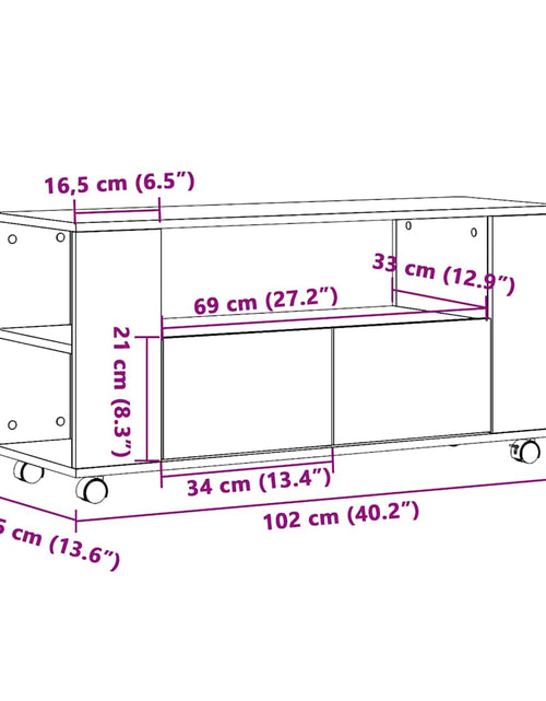 Încărcați imaginea în vizualizatorul Galerie, Dulap TV cu roți stejar artizanal 102x34,5x43 cm lemn prelucrat
