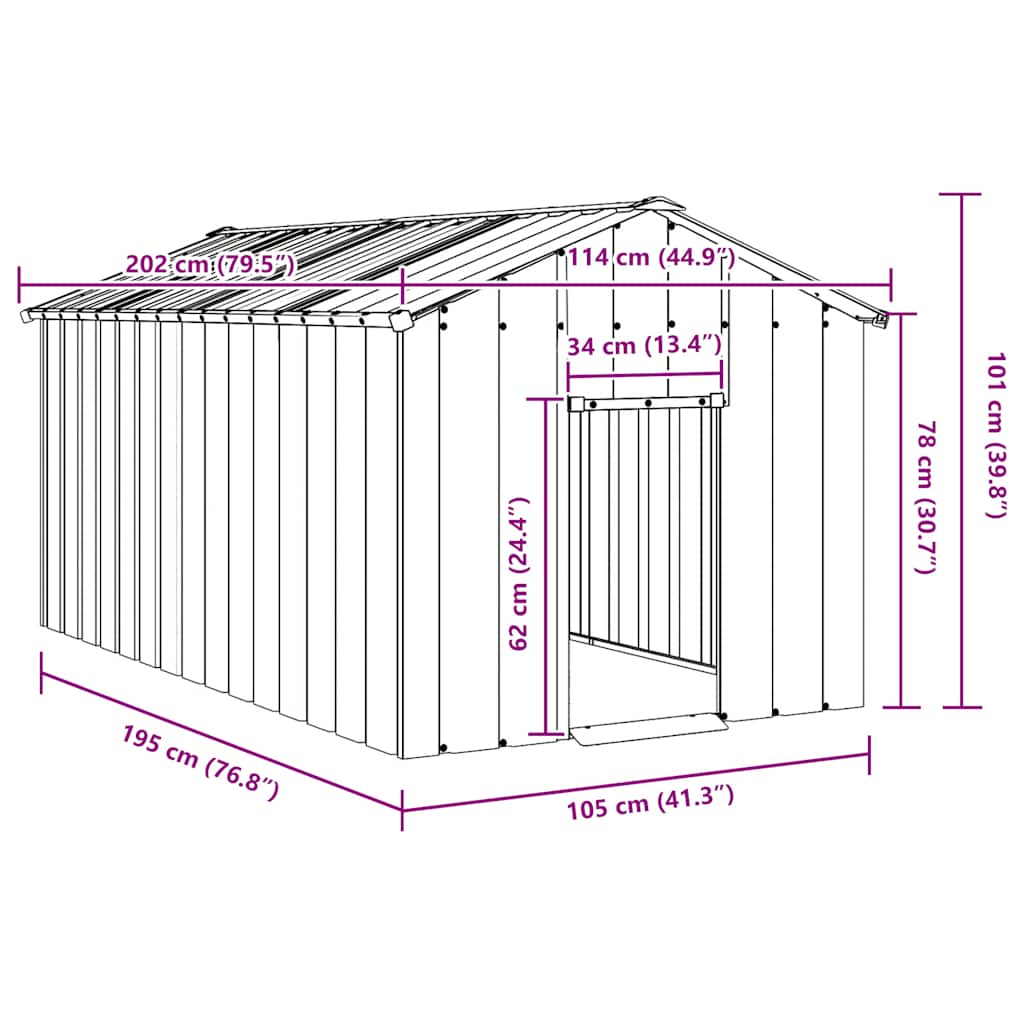 Casă pentru câini cu acoperiș 114x202x101 cm oțel galvanizat