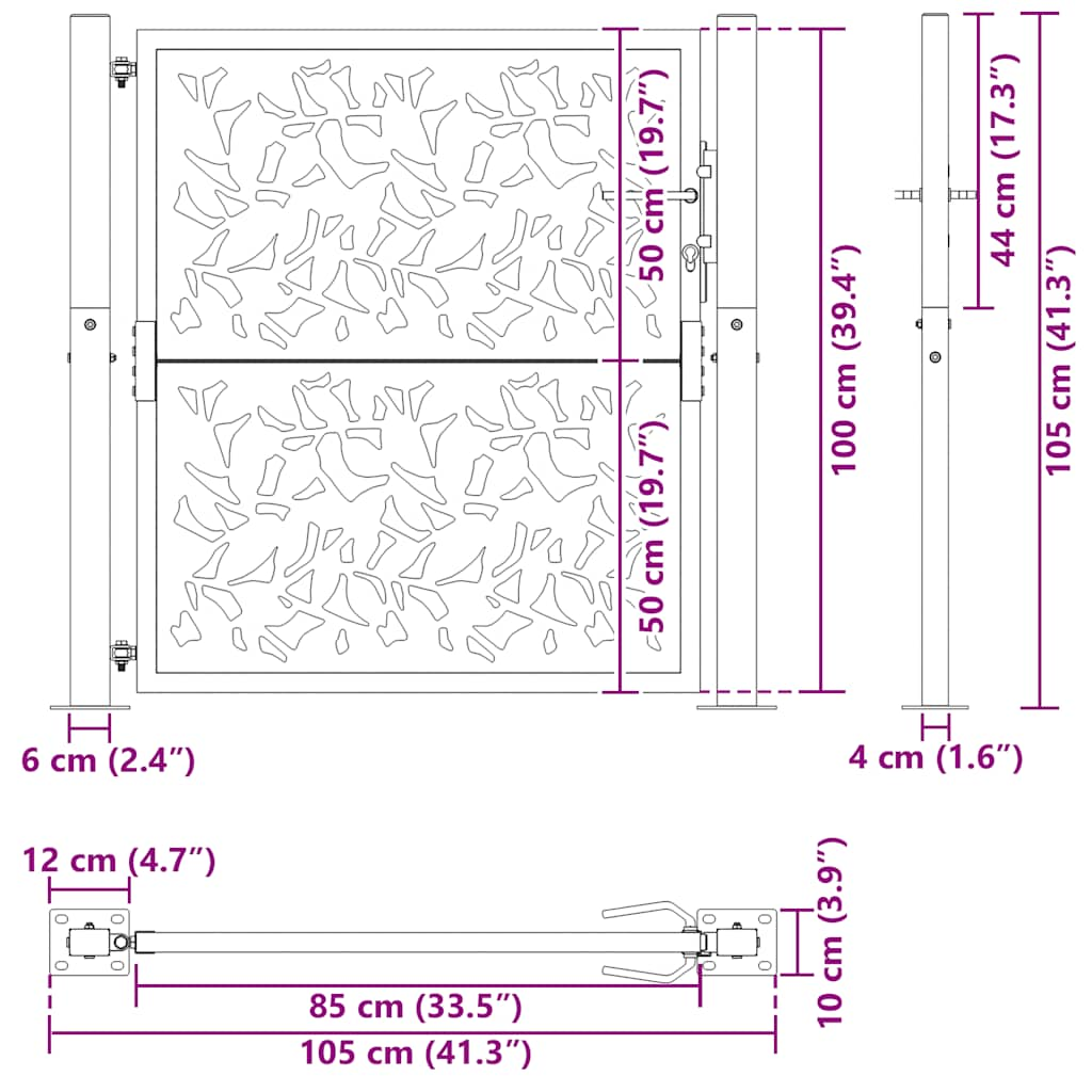 Poarta de gradina neagra 105x105 cm Design cu frunze de otel