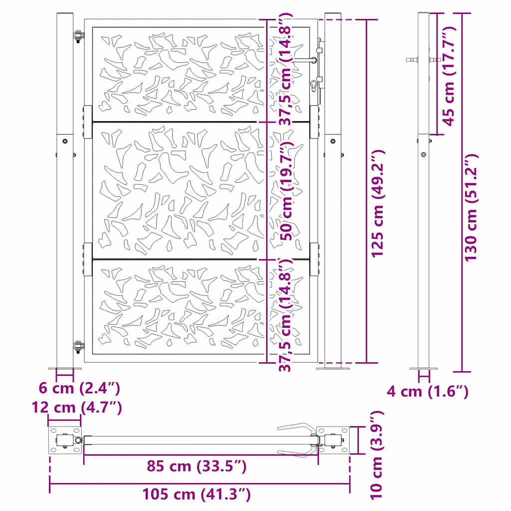 Poarta de gradina neagra 105x130 cm Design cu frunze de otel