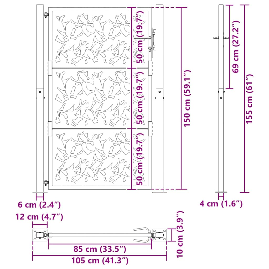 Poarta de gradina neagra 105x155 cm Design cu frunze de otel