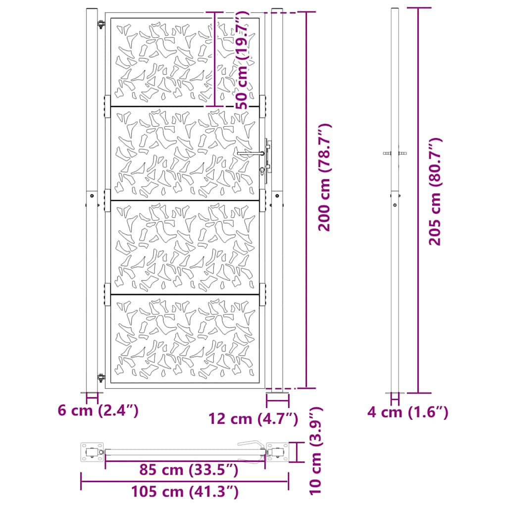 Poarta de gradina neagra 105x205 cm Design cu frunze de otel