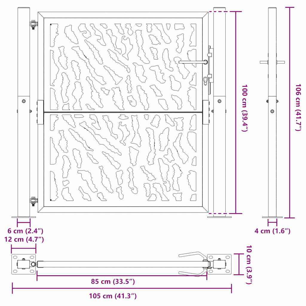 Poartă de grădină neagră 105x105 cm Design cu urme de oțel