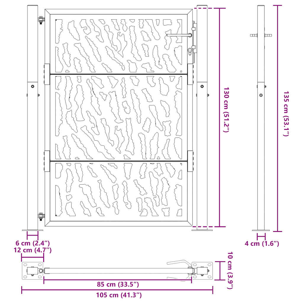 Poartă de grădină neagră 105x130 cm Design cu urme de oțel