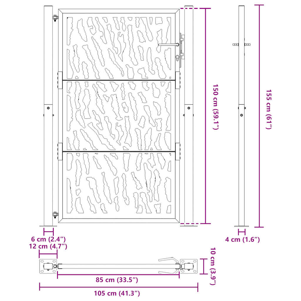 Poartă de grădină neagră 105x155 cm Design cu urme de oțel