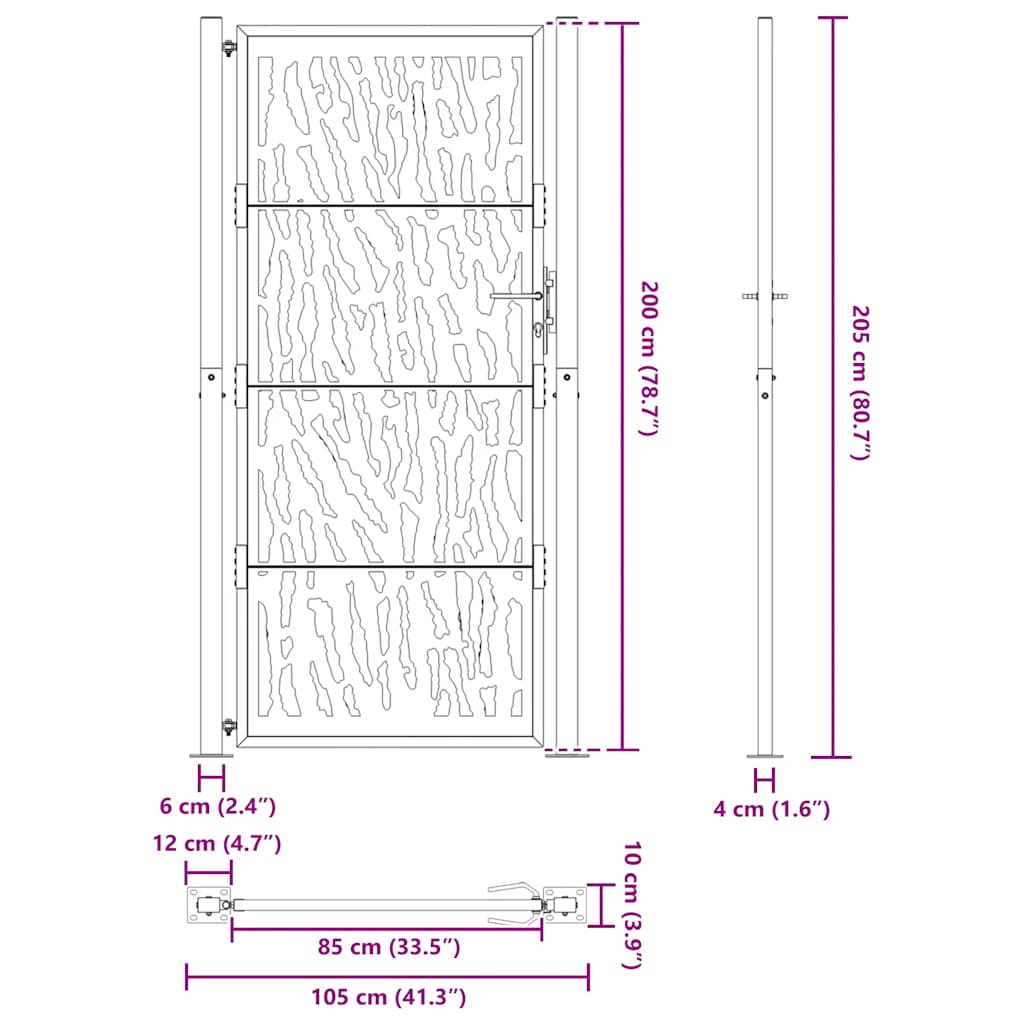 Poartă de grădină neagră 105x205 cm Design cu urme de oțel