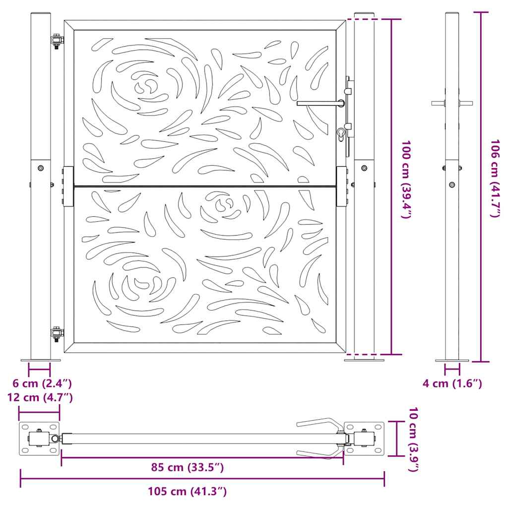 Poarta de gradina neagra 105x105 cm design flacara din otel